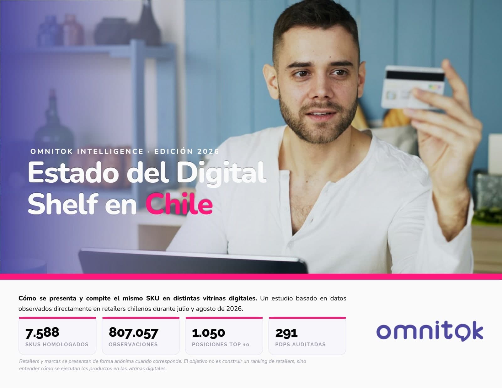 Portada del estudio Estado del Digital Shelf en Chile 2026, con las cifras del análisis: 7.588 SKUs homologados, 807.057 observaciones, 1.050 posiciones top 10 y 291 PDPs auditadas
